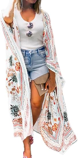 MayBuy Women's Summer Long Flowy Kimono Cardigans for Beach