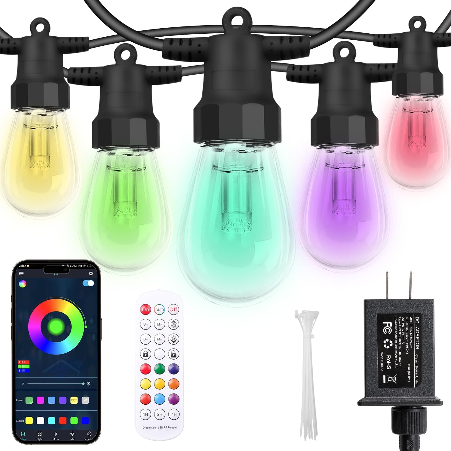 Outdoor String Lights 100FT with Dimmable RGBW LED Bulbs
