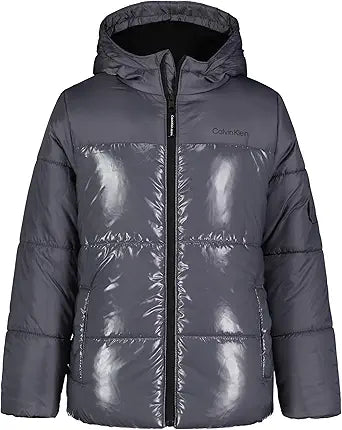 Calvin Klein Boys' Heavyweight Hooded Bubble Jacket for Winter