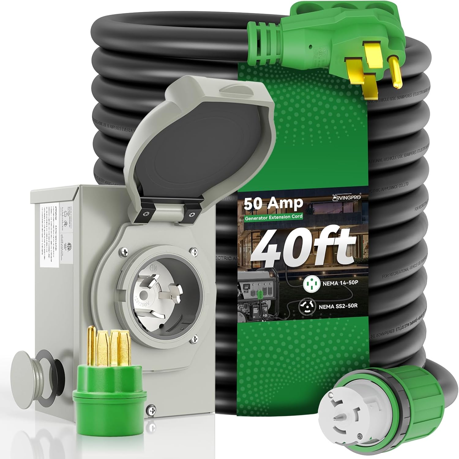 50 Amp Generator Cord and Inlet Box Combo Kit for RV Use