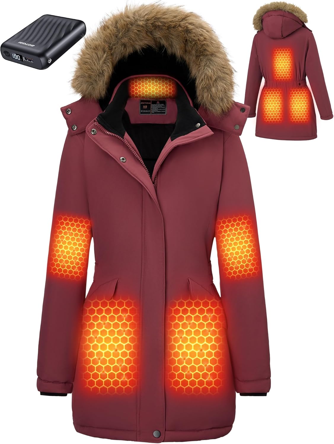 Graphene Long Heated Jacket for Women with Detachable Hood