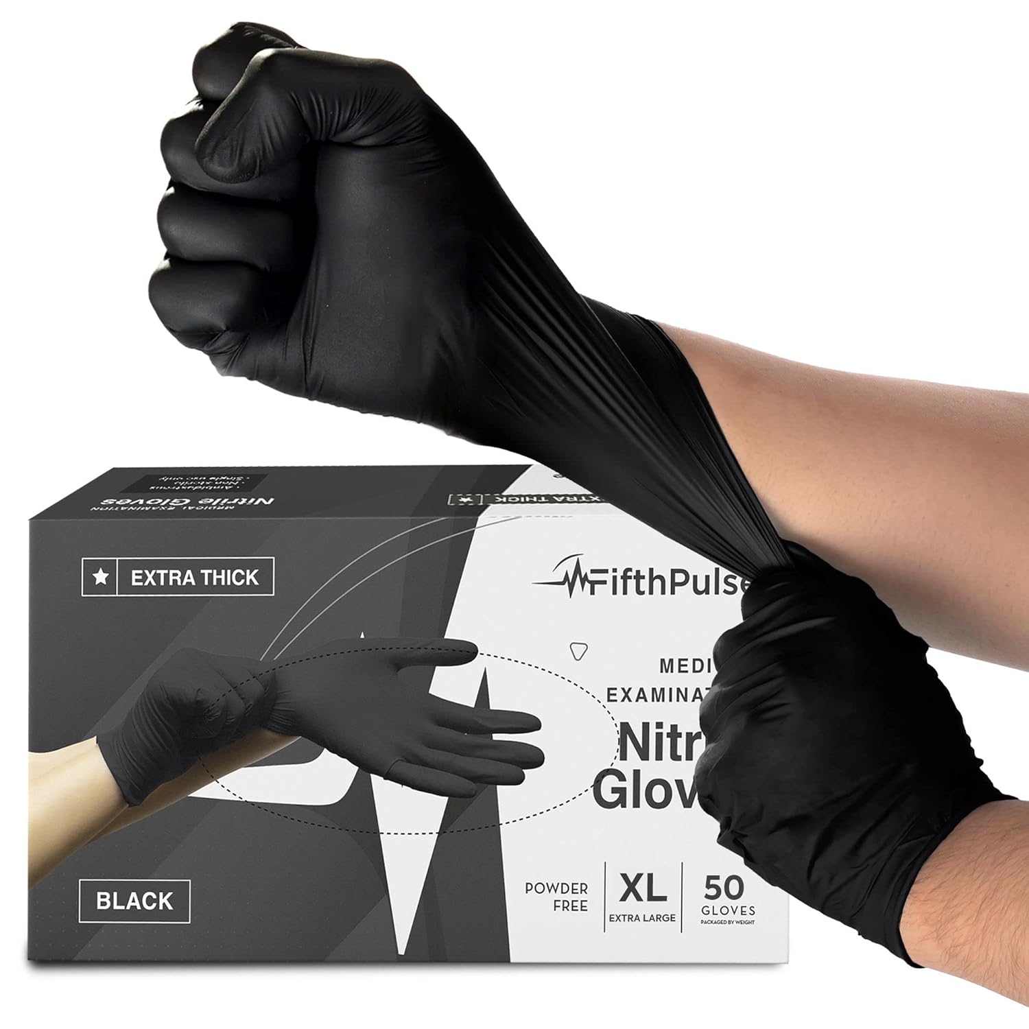 FifthPulse Black Nitrile Gloves - Extra Thick 4.5 Mil - 50 Count