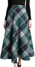 Tanming Women's Plaid Wool A-Line Pleated Long Skirt - Warm Midi
