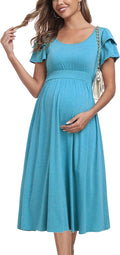Ruffle Short Sleeve Maternity Dress High Waisted Midi (Style 51MP)