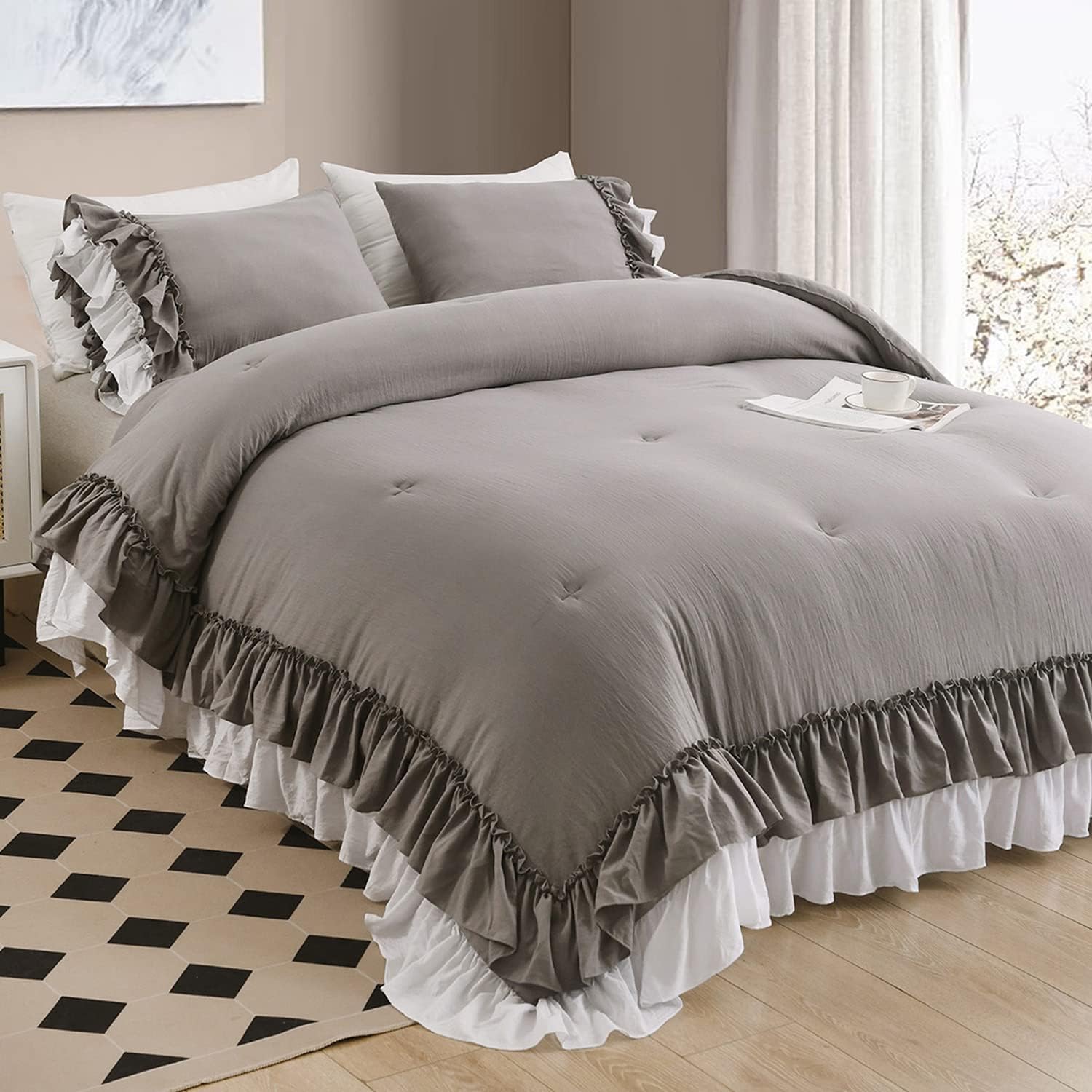 Masaca Ruffle Queen Comforter Set for Chic Farmhouse Style