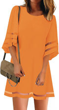 Women Mesh Panel 3/4 Bell Sleeve Loose Tunic Dress - Casual Fit
