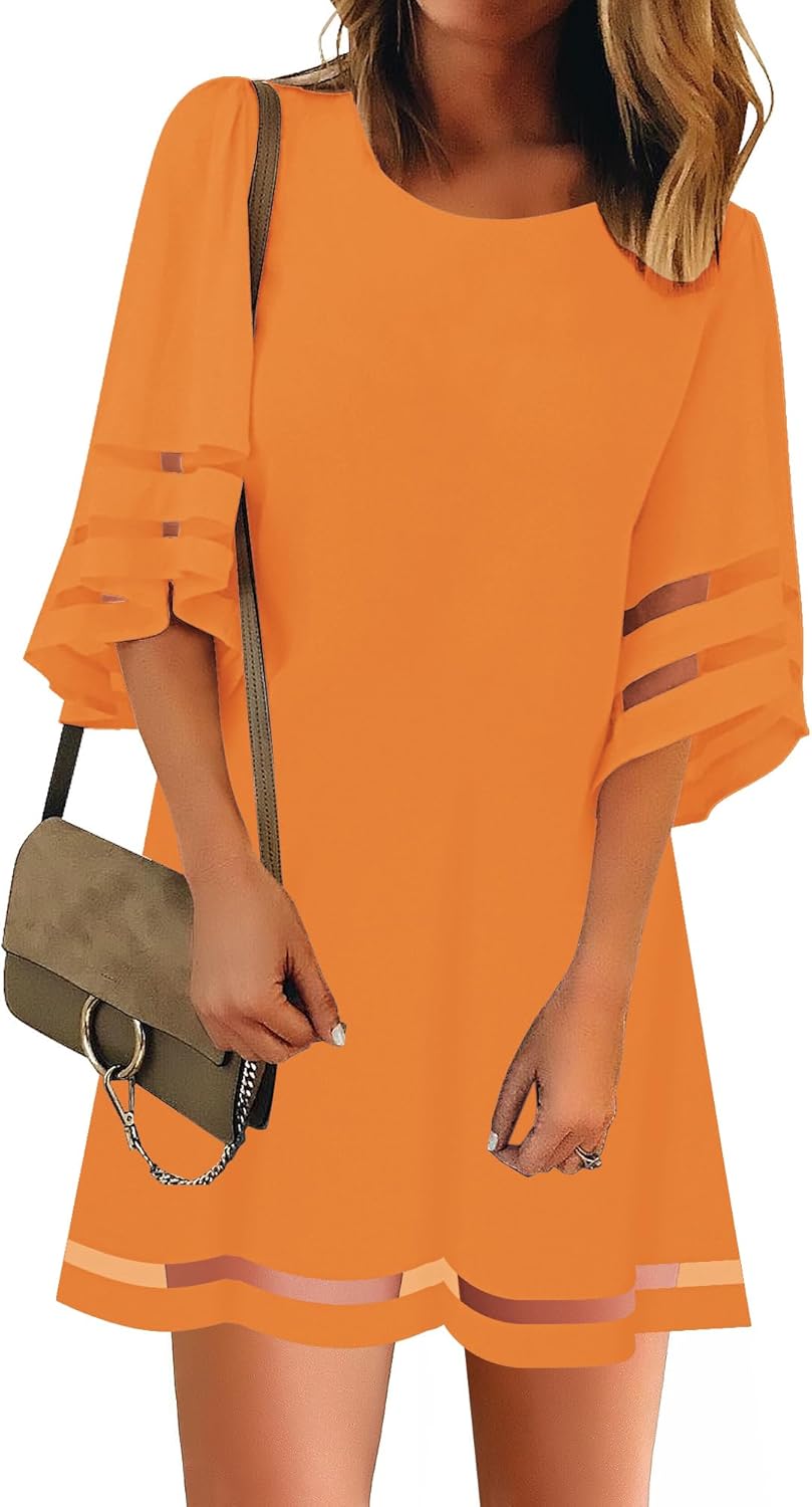 LookbookStore Women Casual Crewneck Mesh Panel Tunic Dress