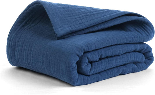 100% Cotton Muslin Throw Blanket for Couch & Bed - Navy Blue