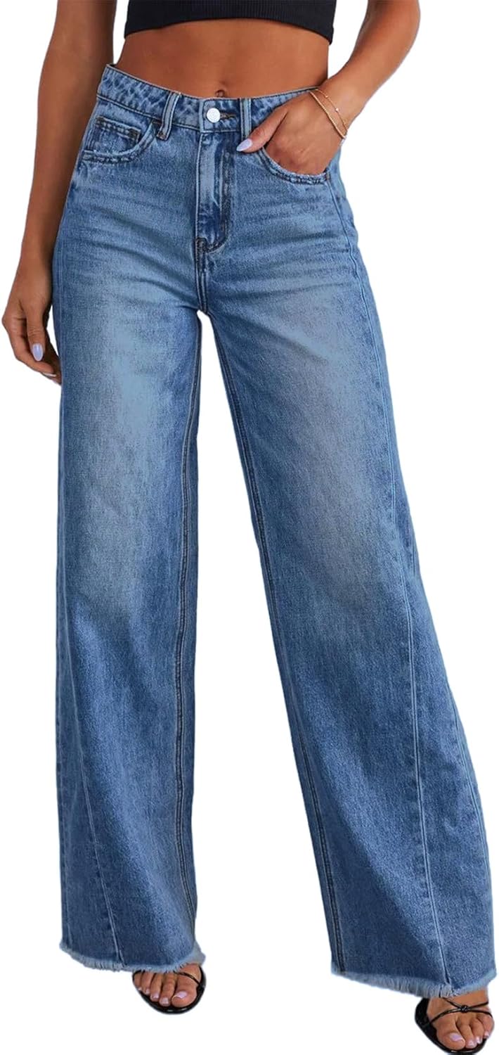 Wide Leg High Waisted Jeans with Raw Hem for Women