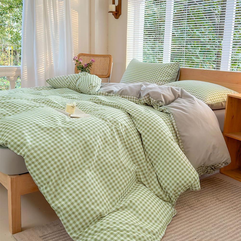 Sage Green Gingham Duvet Cover Set King for Cozy Bedrooms