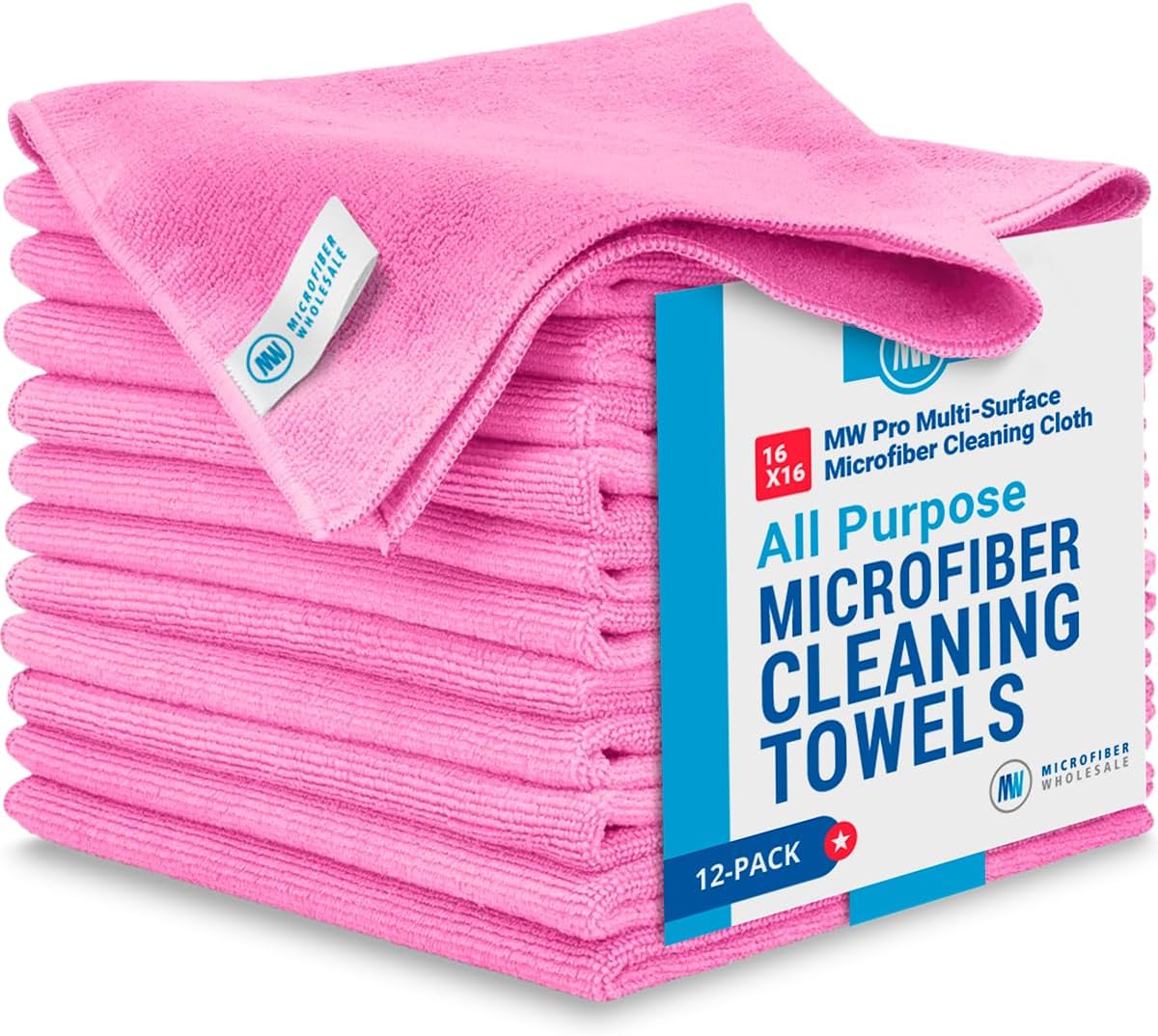 MW Pro Pink Microfiber Towels | 12 Pack - Clean, Dust, Polish
