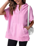 Oversized Half Zip Hoodie for Women - Short Sleeve Casual Pullover