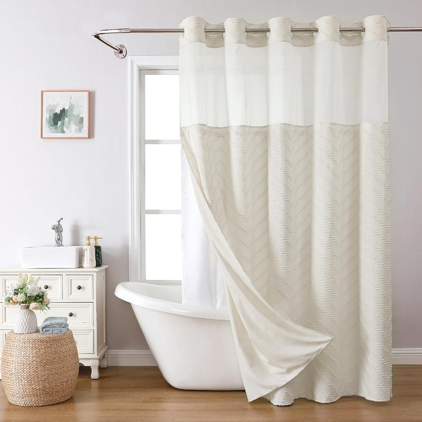 Extra Long No Hook Tufted Chevron Striped Shower Curtain Set