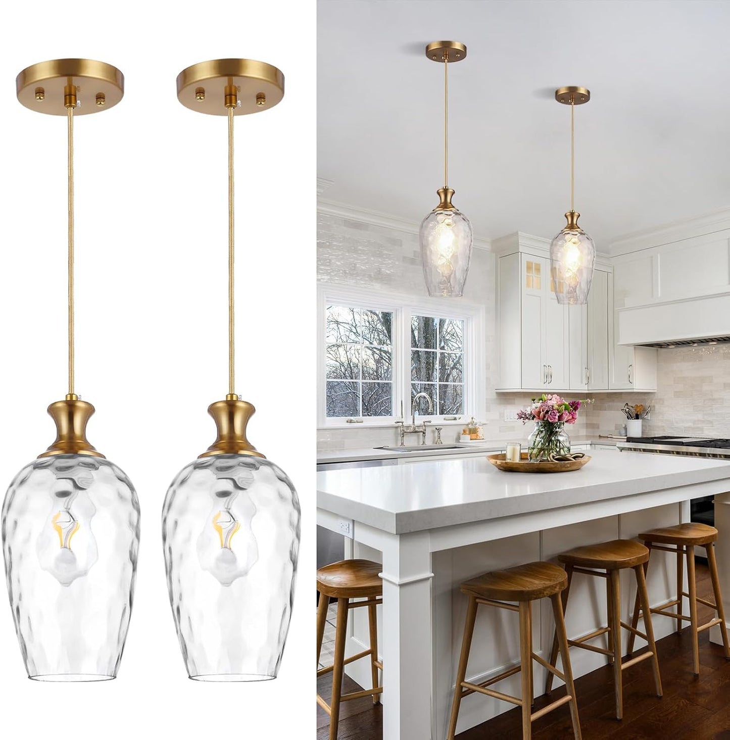 Vintage Glass Pendant Lights for Kitchen Island - 2 Pack