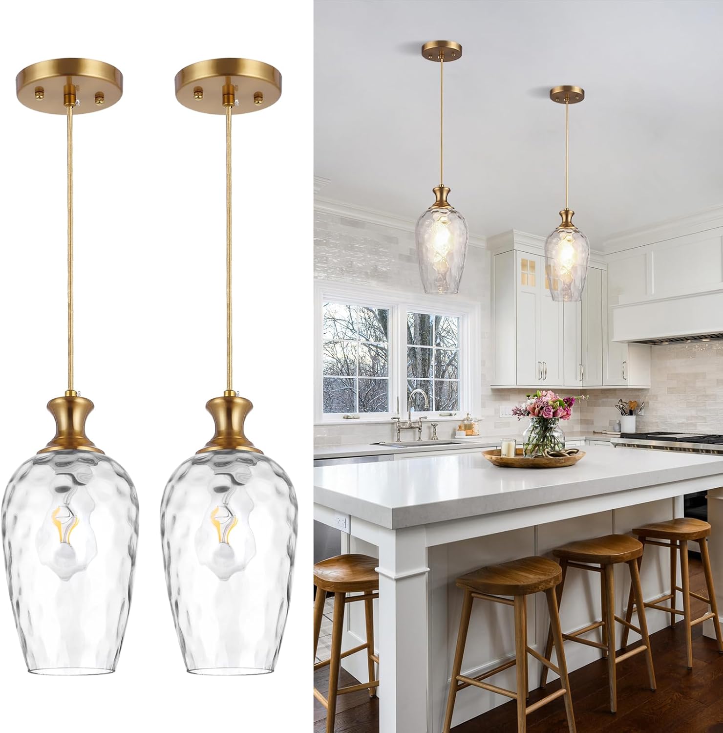 Vintage Glass Pendant Lights for Kitchen Island - 2 Pack