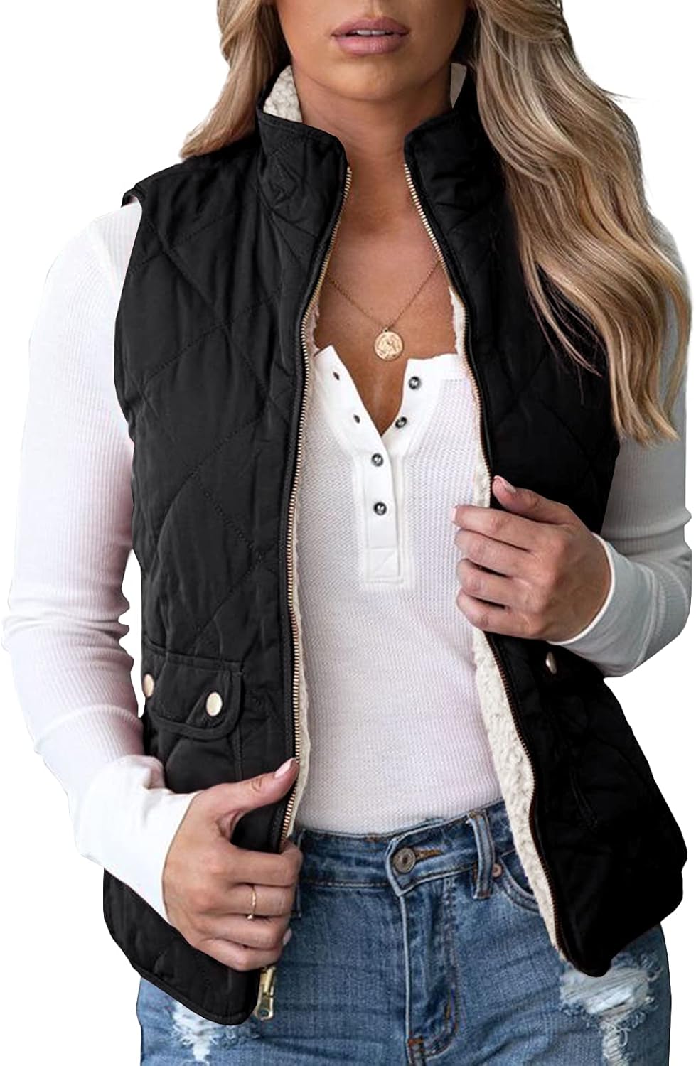 Reversible Quilted Sherpa Fleece Vest for Women - Lightweight Sports