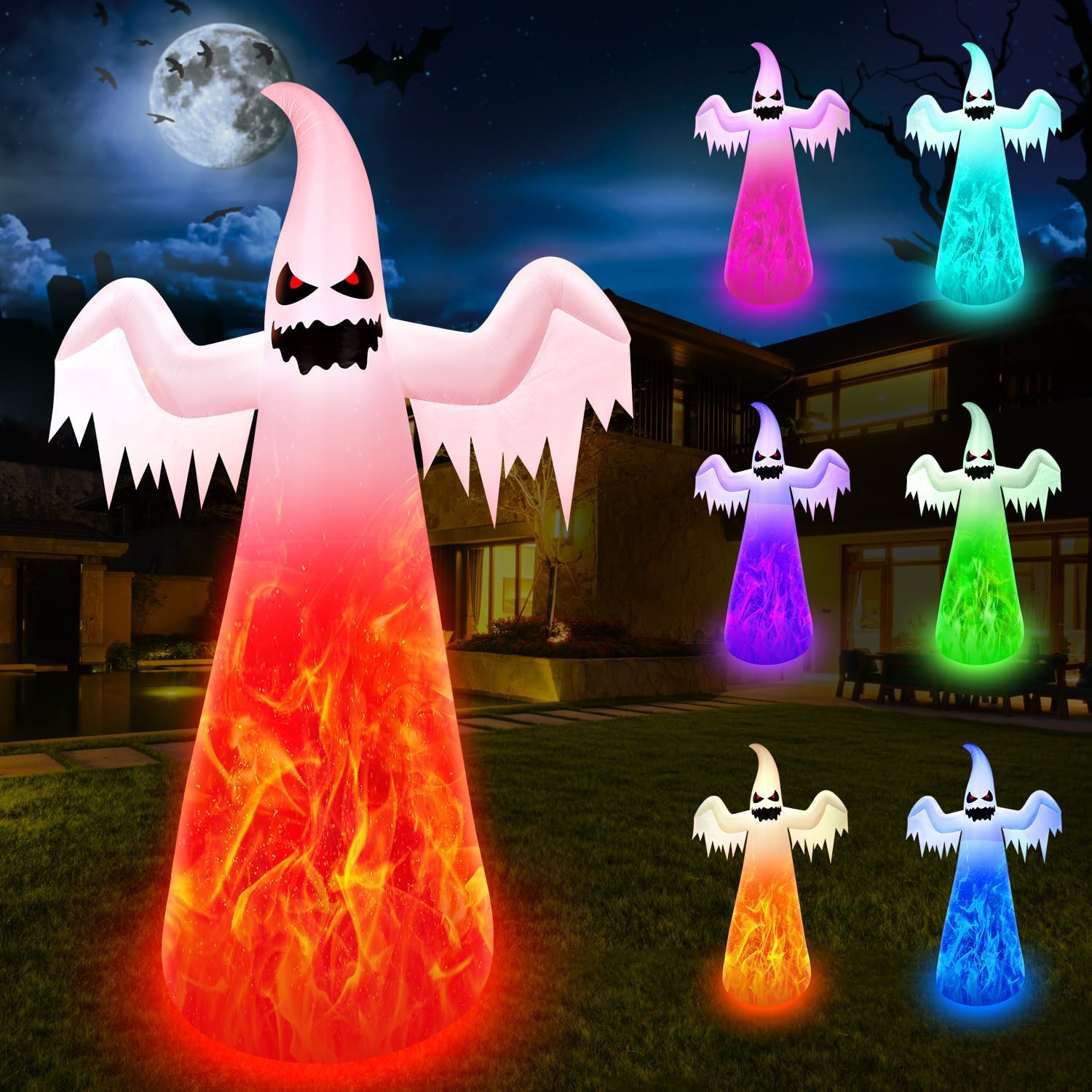 12FT Giant Halloween Inflatables Ghost with Colorful LED Lights