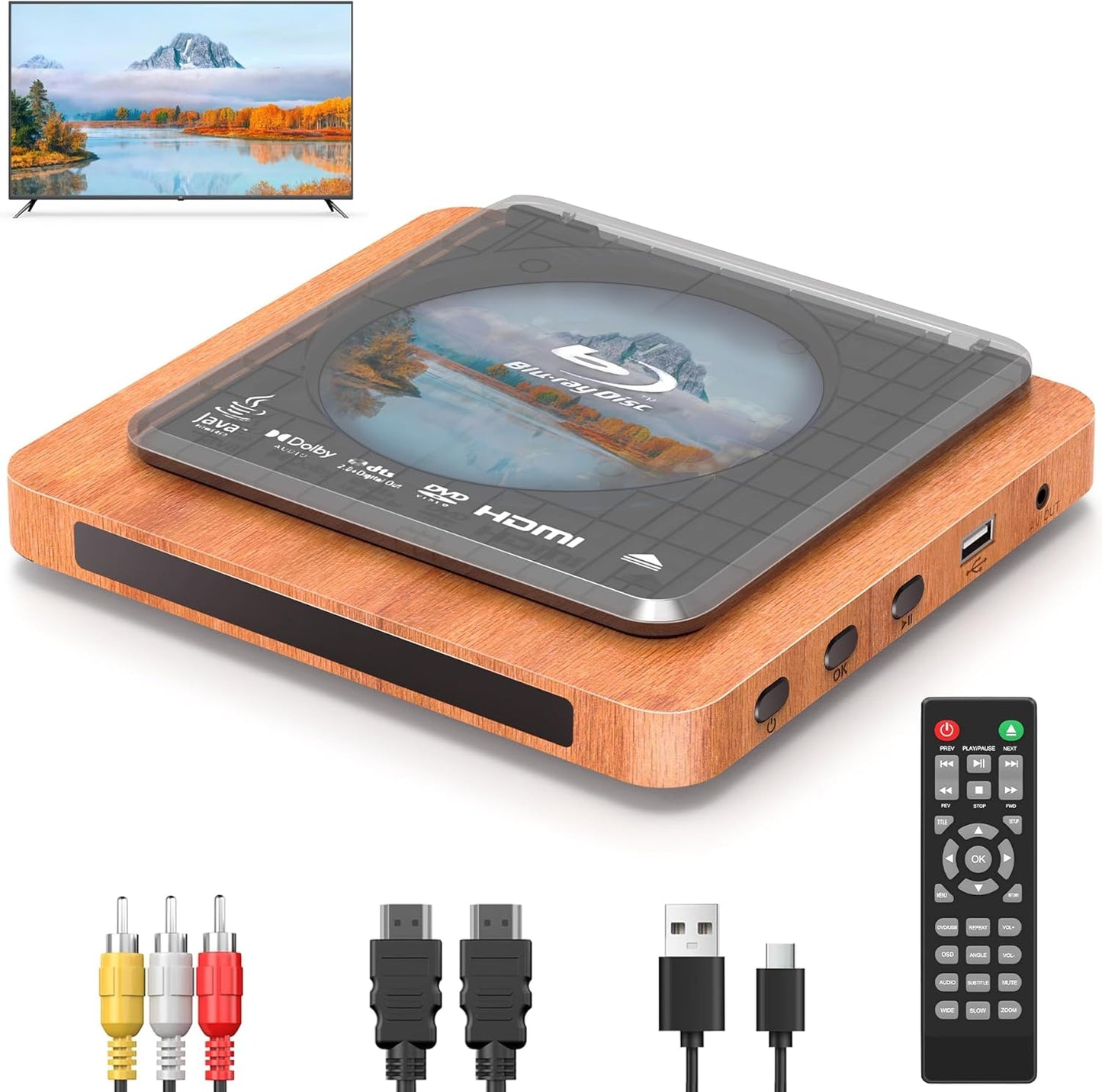 2025 Blu-ray Player with HDMI/AV Cables & Remote for Movies