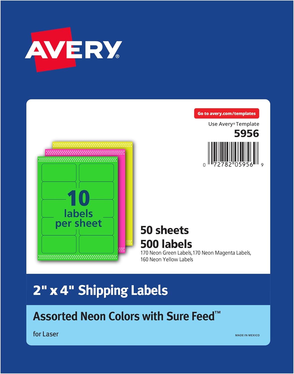 Avery 2x4 Neon Shipping Labels for Laser Printers - 500 Pack