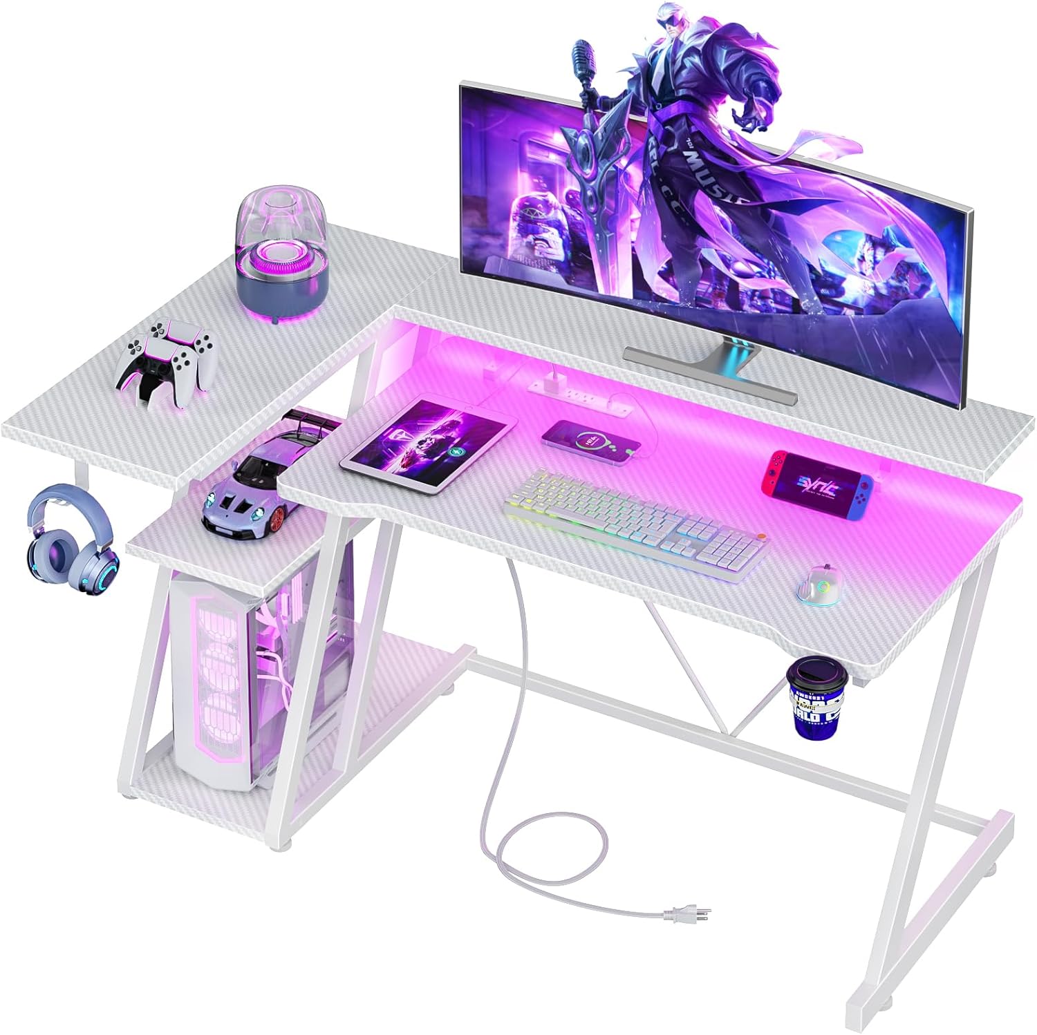 47 Inch White Gaming Desk with Power Outlet & LED Lights