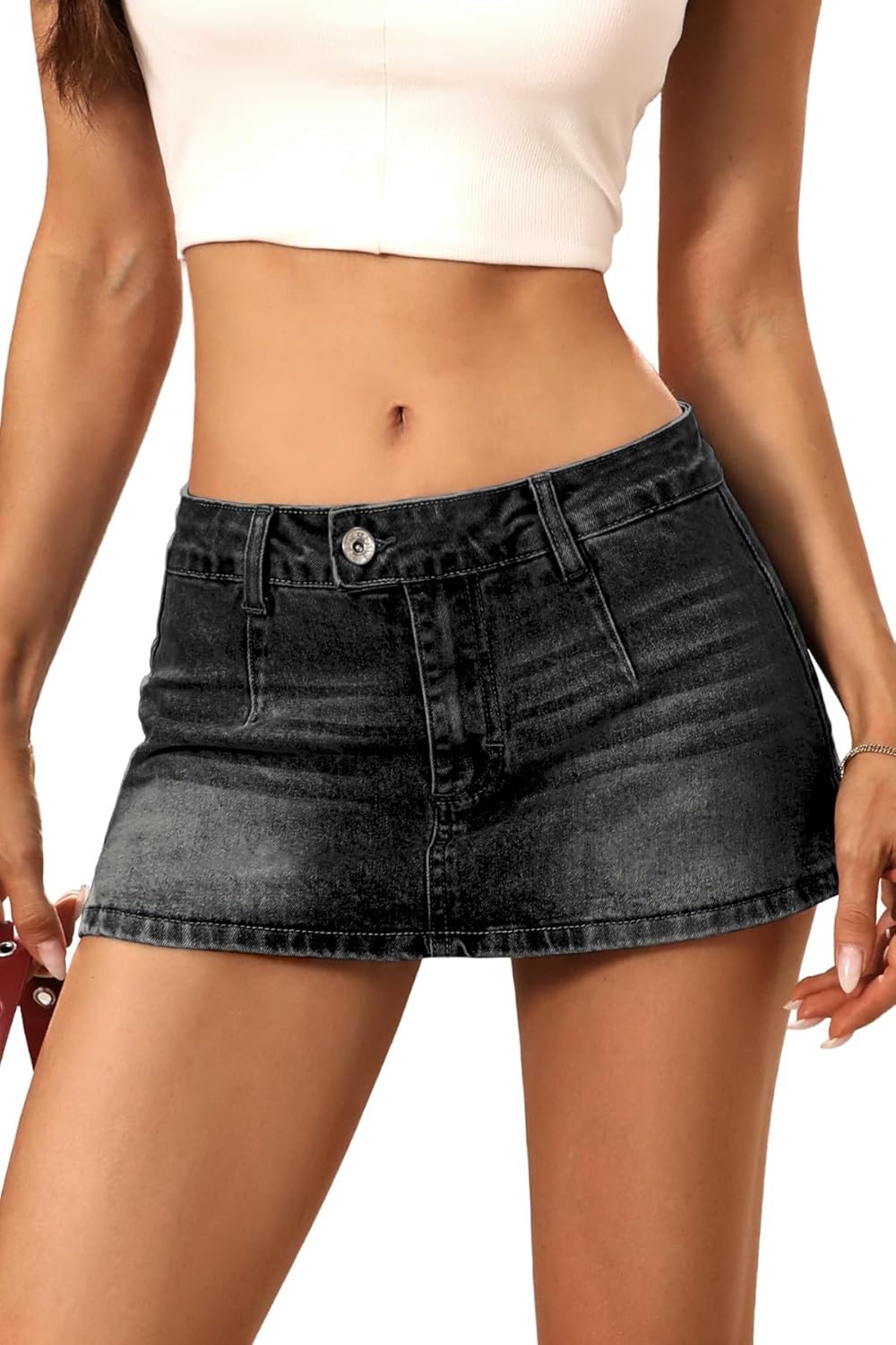 ELLEVEN Low Rise Denim Mini Skirt with Built-In Shorts for Women