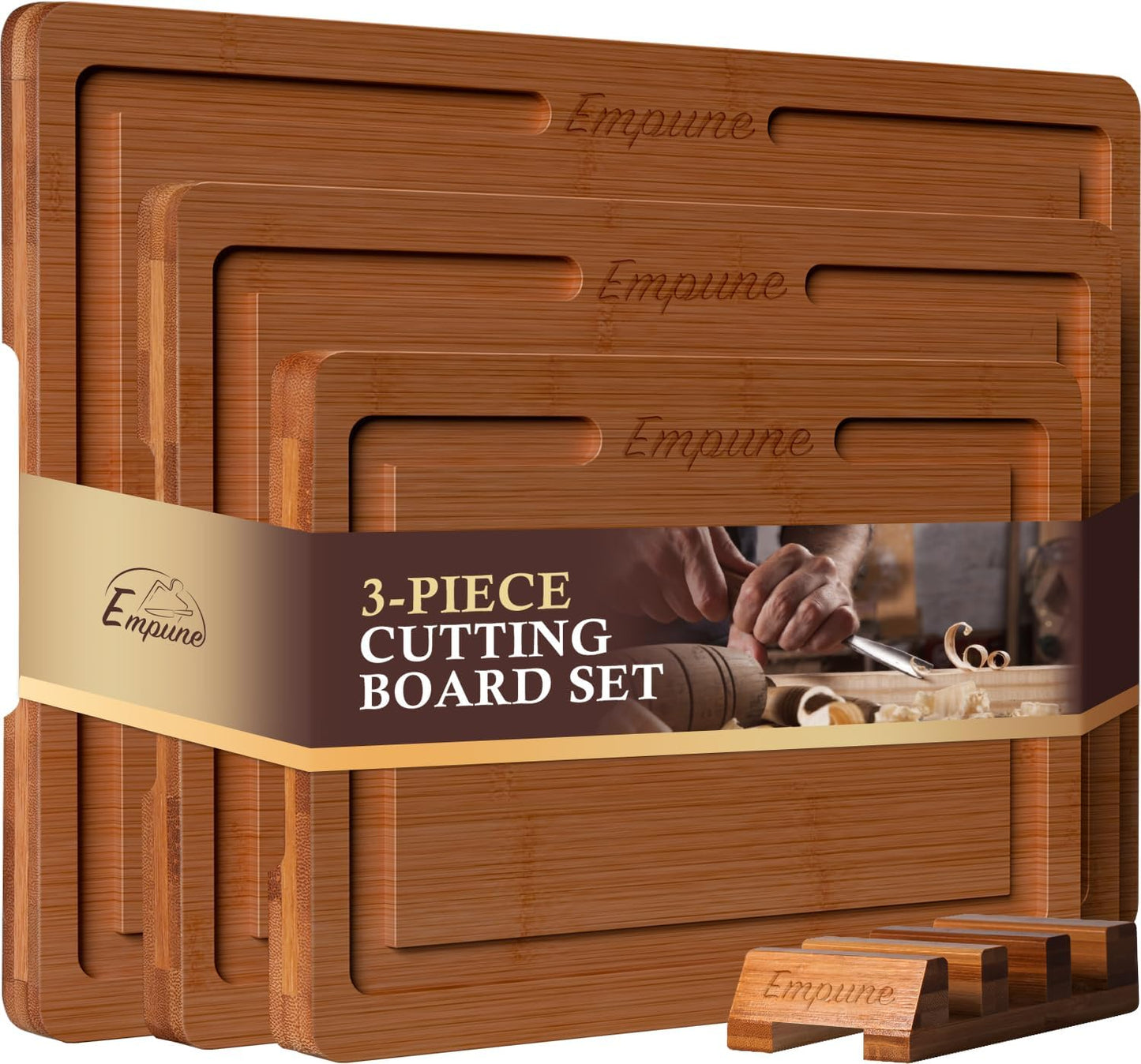 Empune Bamboo Cutting Board Set for Kitchen Meal Prep & Serving