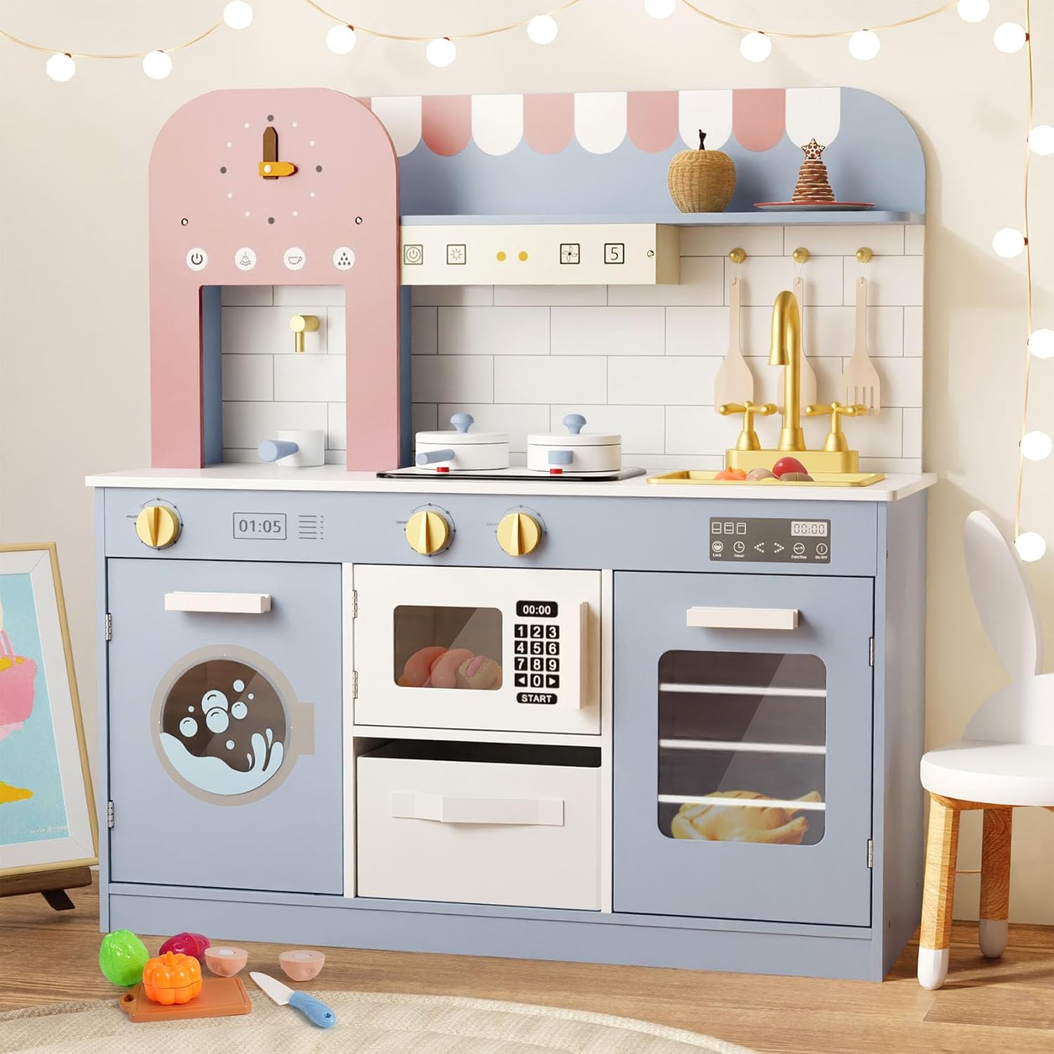 BIERUM Play Kitchen with Realistic Lights & Sounds for Toddlers