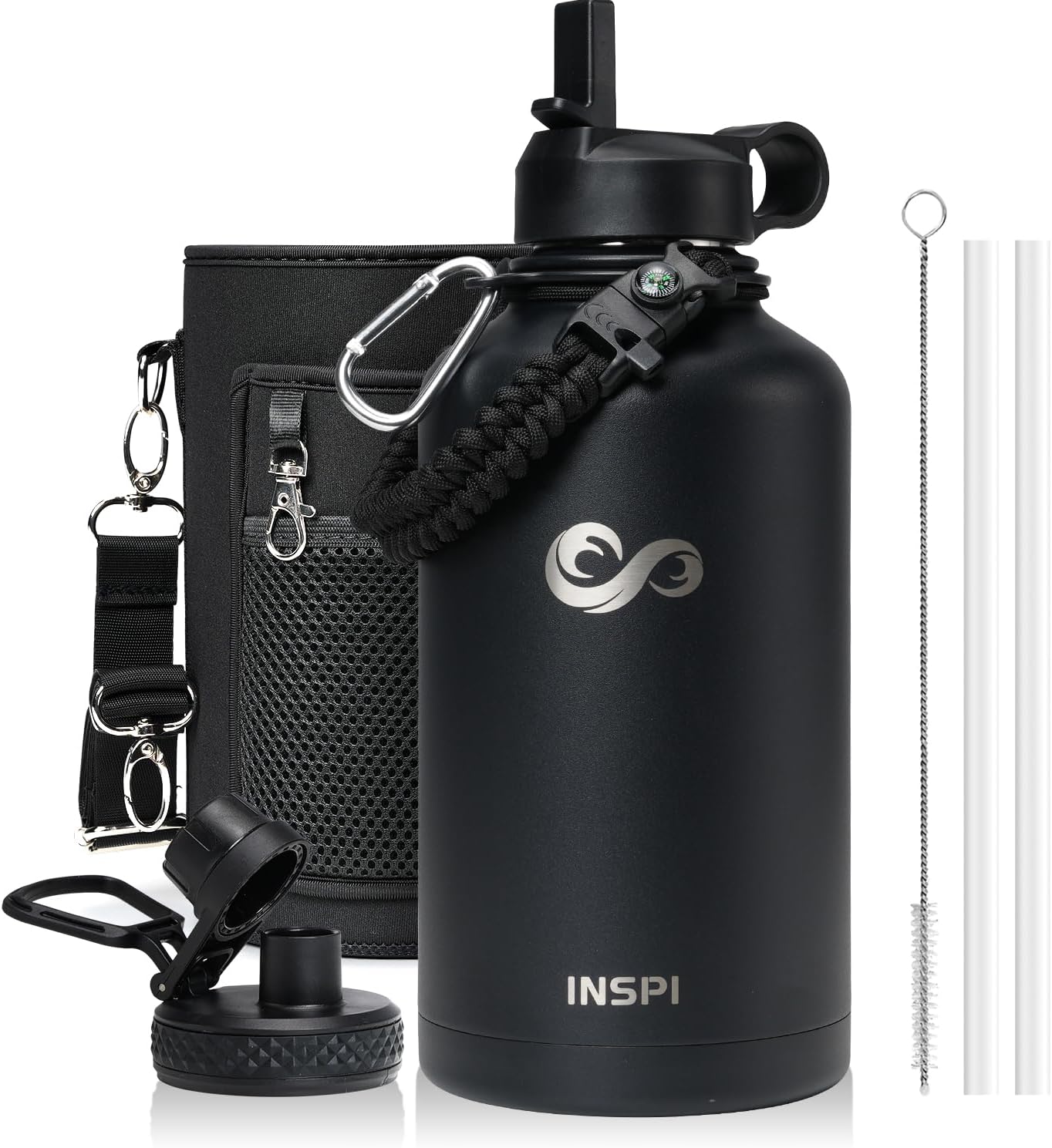 INSPI Insulated Water Bottle 64oz with Straw & 2 Lids for Outdoors