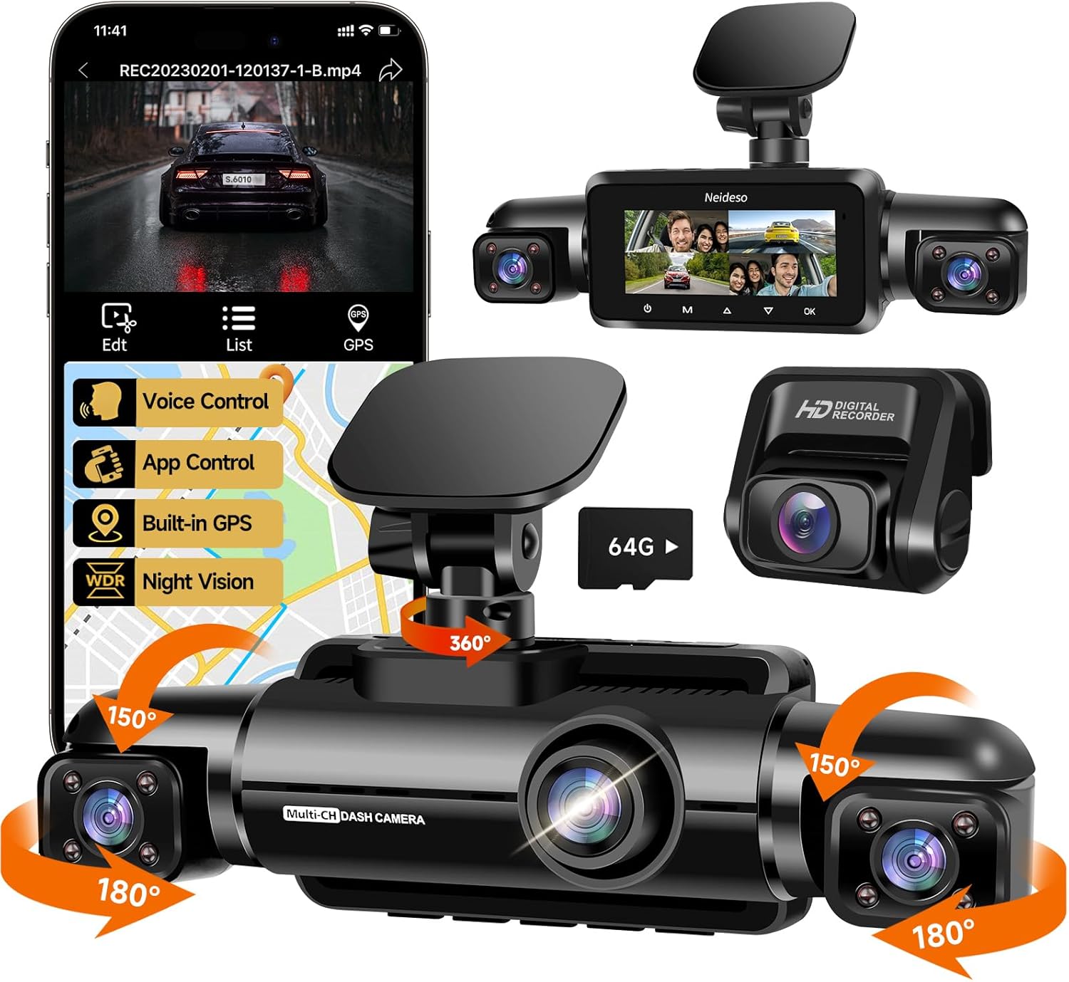 360 Dash Cam Front and Rear Inside with Wi-Fi GPS Control