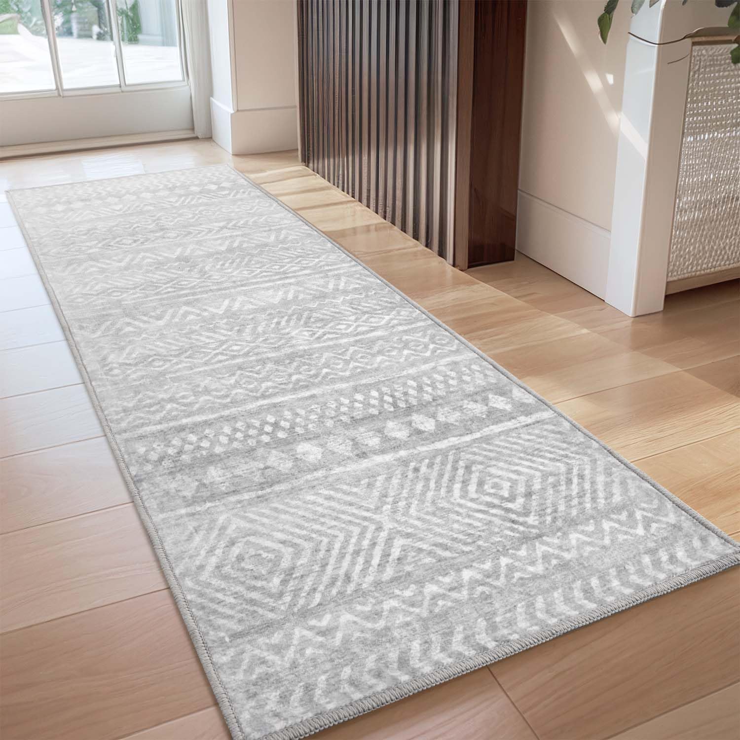 Boho 2x8 ft Runner Rugs for Hallway Non Slip Durable Grey