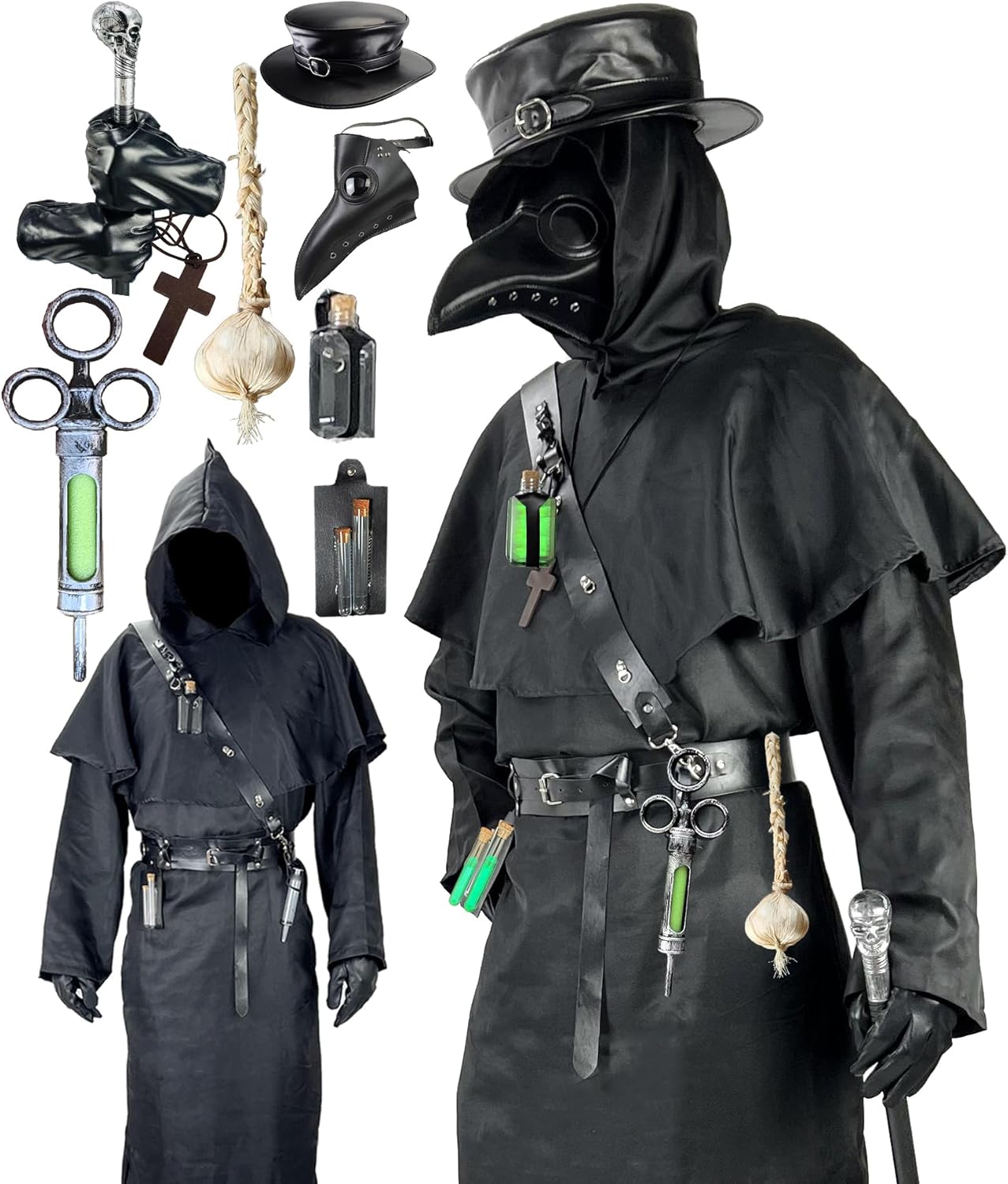 Plague Doctor Costume Set with Mask, Hat, and Cane for Halloween