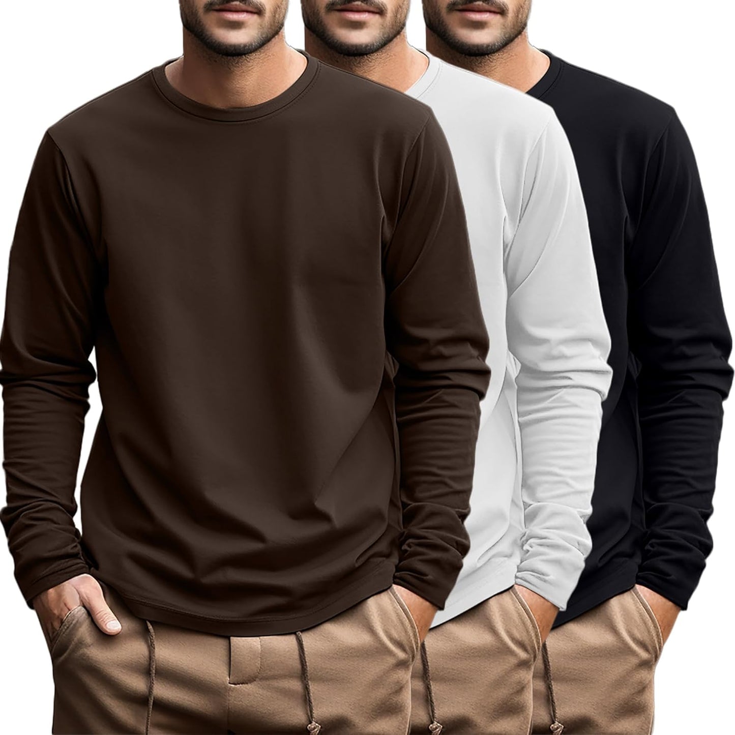 Ficerd Men's Big and Tall Long Sleeve Cotton Tee 3 Pack