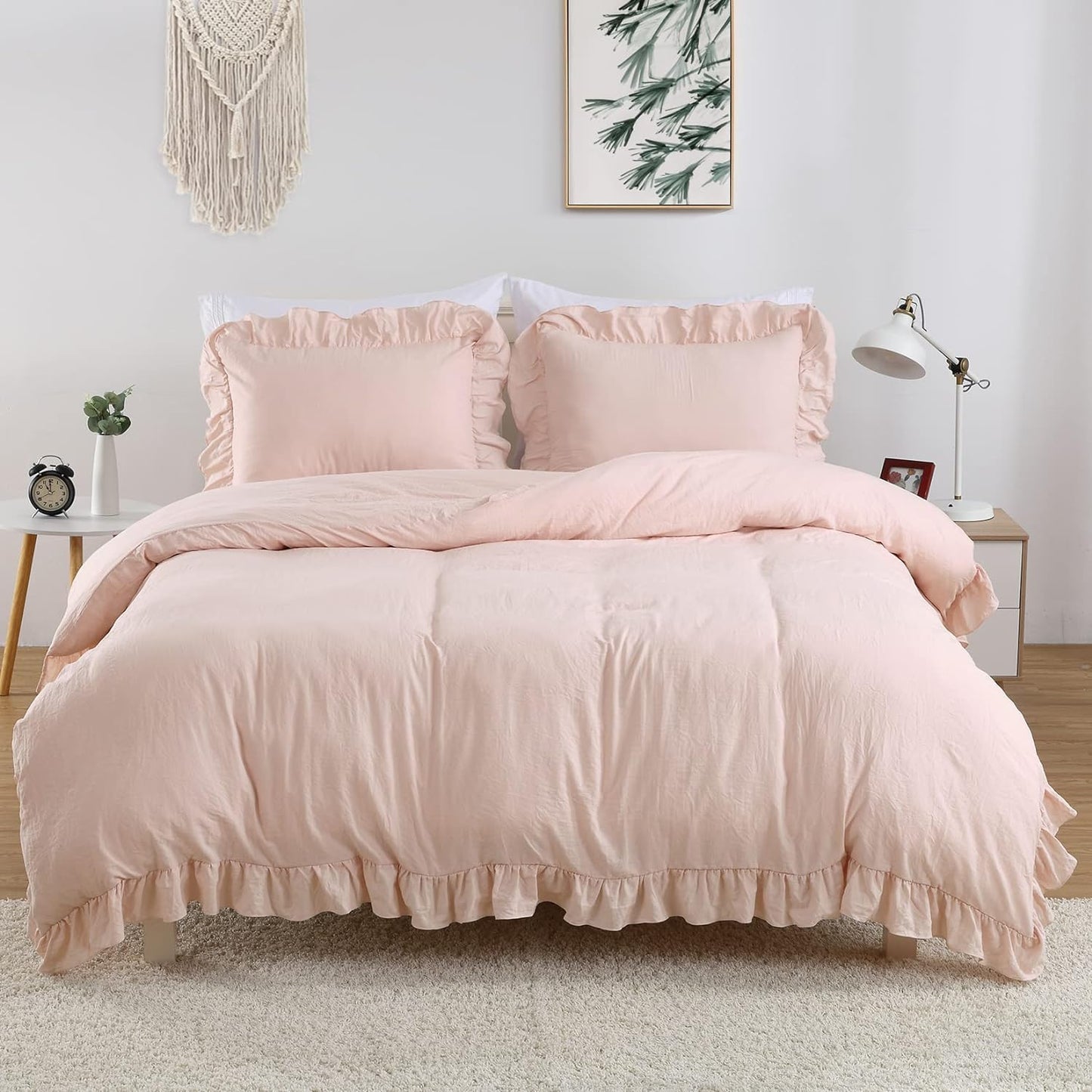 Pink Ruffled Duvet Cover Set for Twin Beds - Soft Microfiber