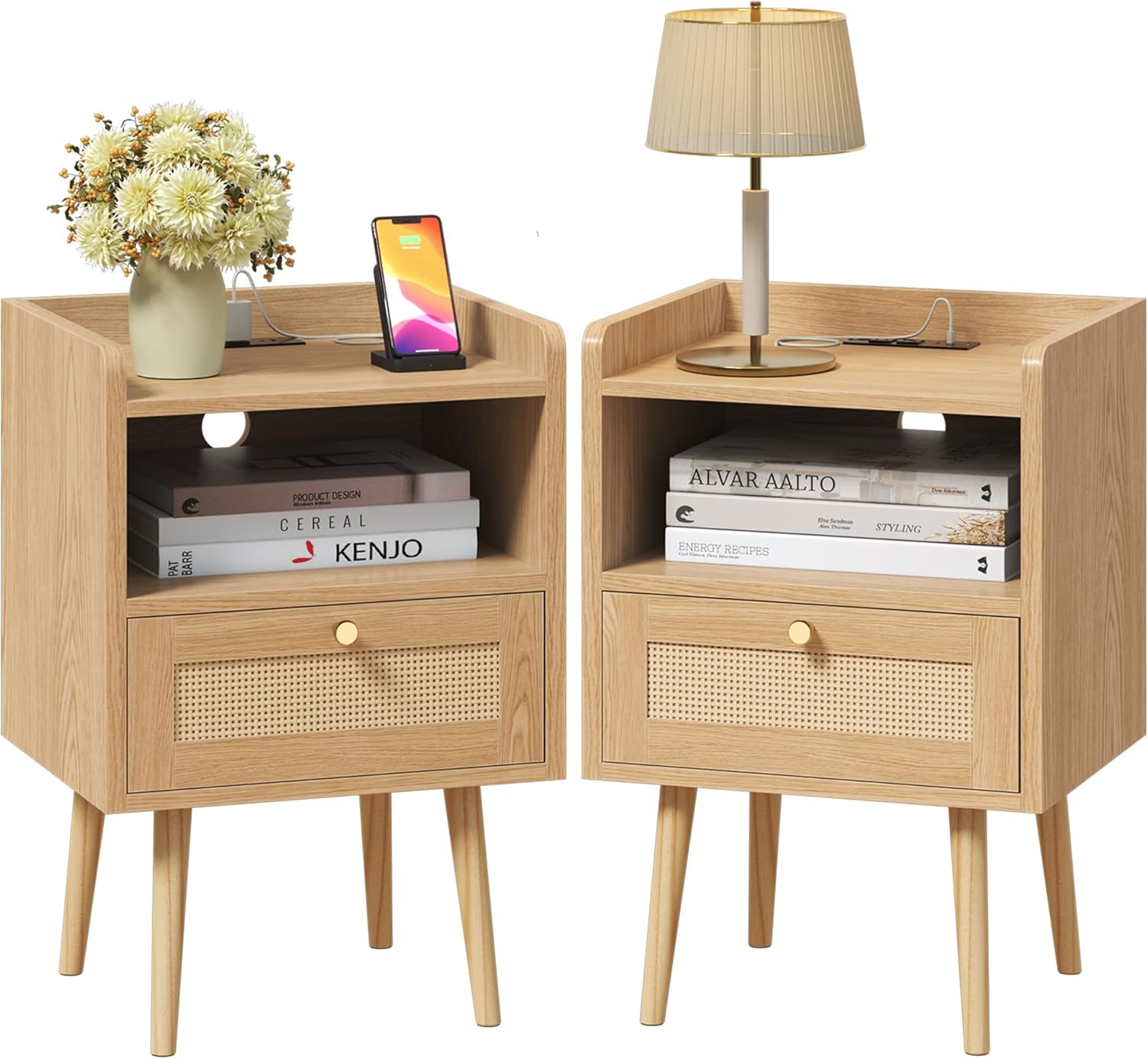Night Stand Set of 2 with Charging Station for Small Spaces