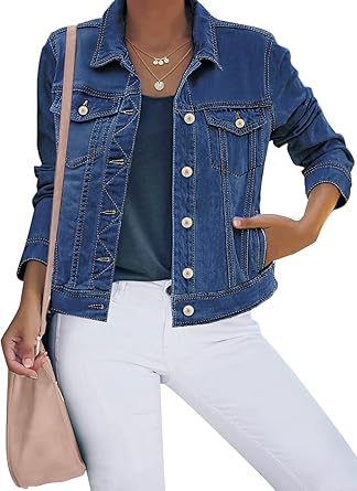 Luvamia Women's Basic Button Down Stretch Fitted Denim Jacket
