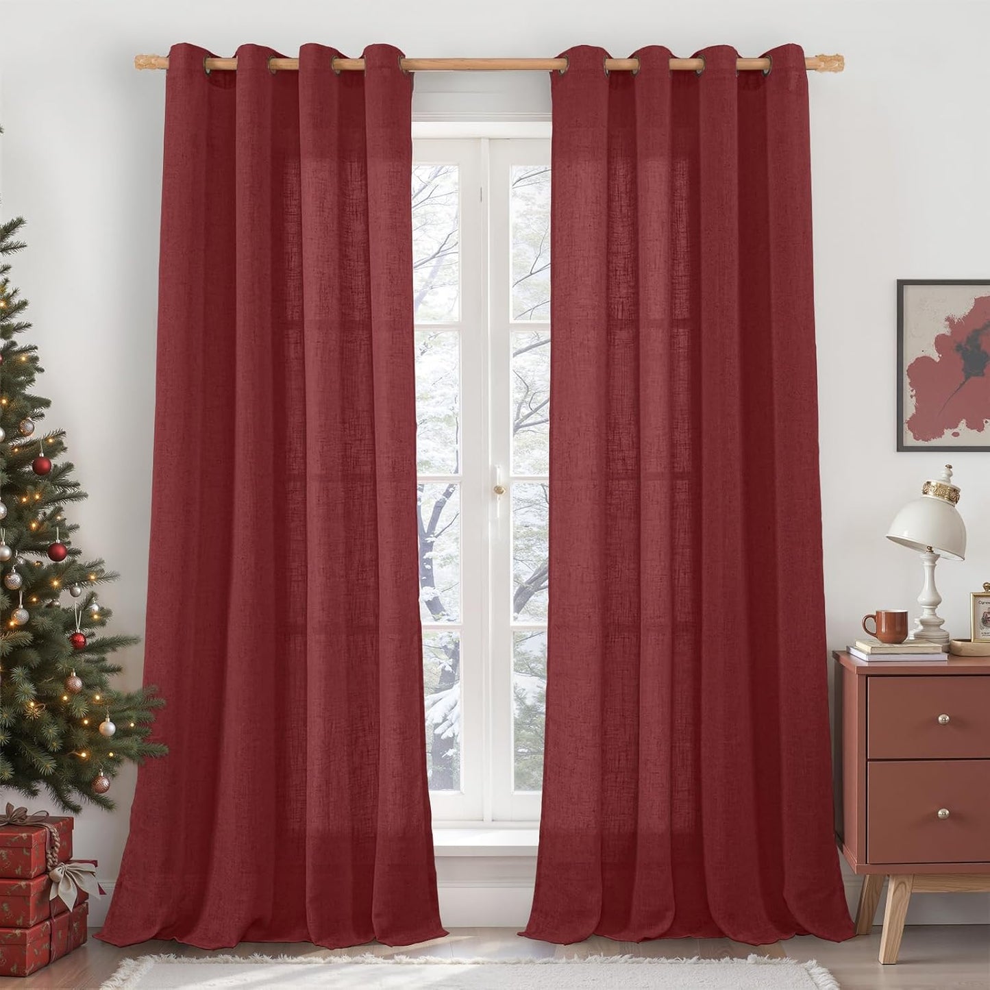 90 Inch Burgundy Red Linen Curtains for Living Room Decor
