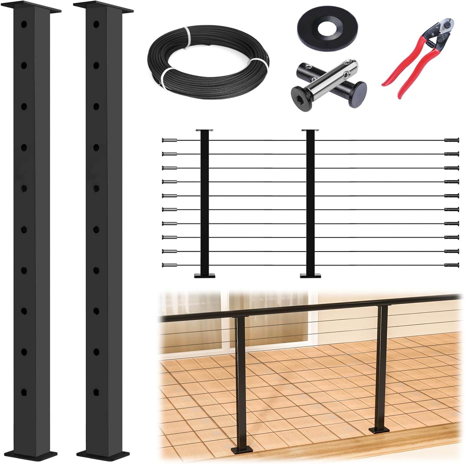 Muzata Modular Black Cable Railing Kit for Easy DIY Decks