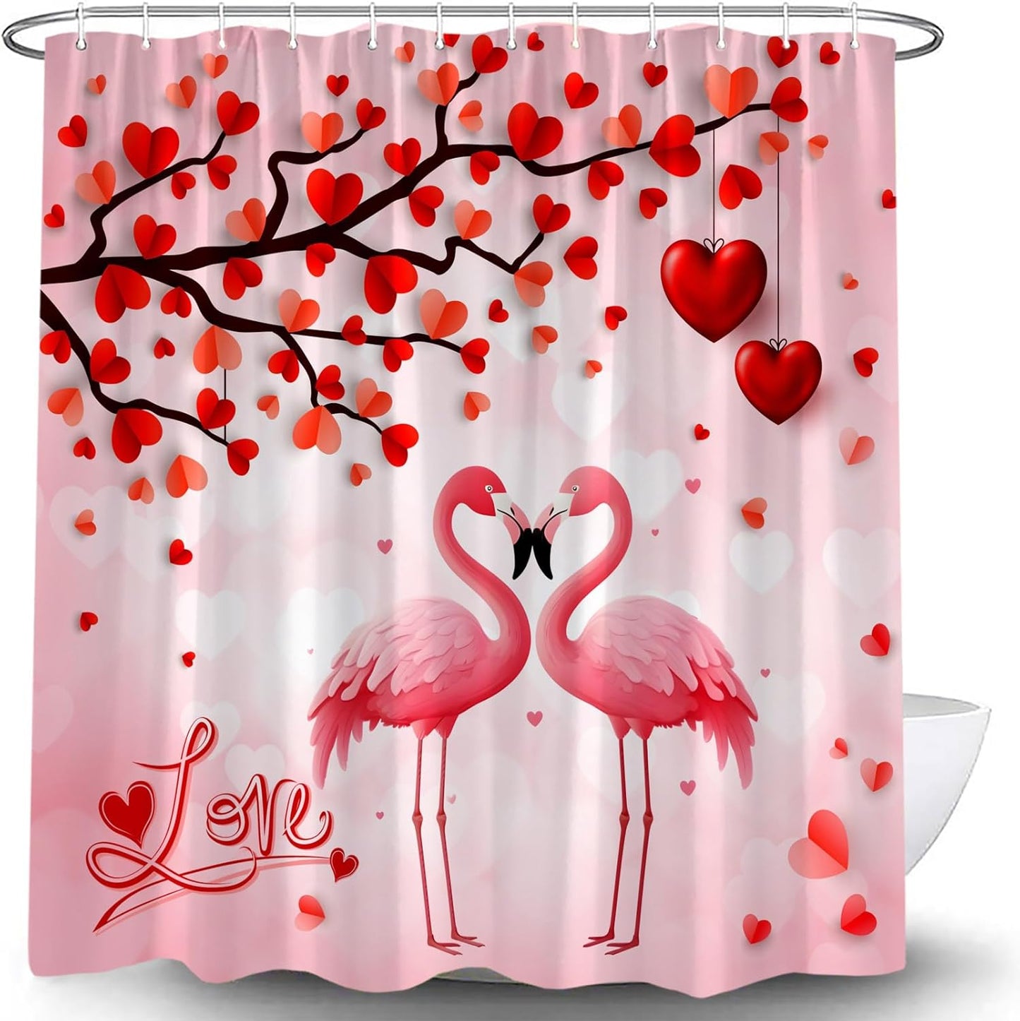 Romantic Pink Flamingo Hearts Shower Curtain