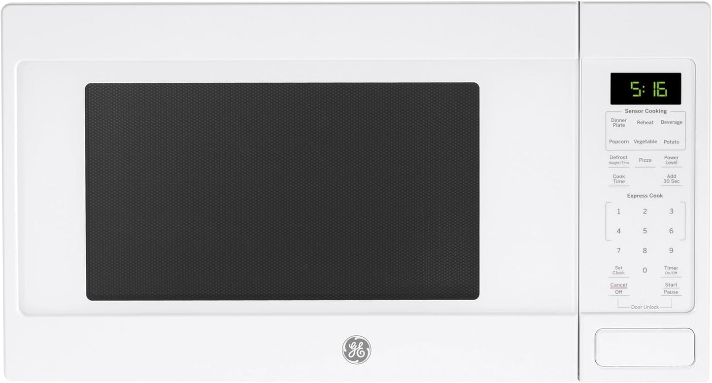 GE 1.6 Cu Ft Microwave Oven, 1,150W Power, 8 Auto Cook Settings, Child-Lock, White
