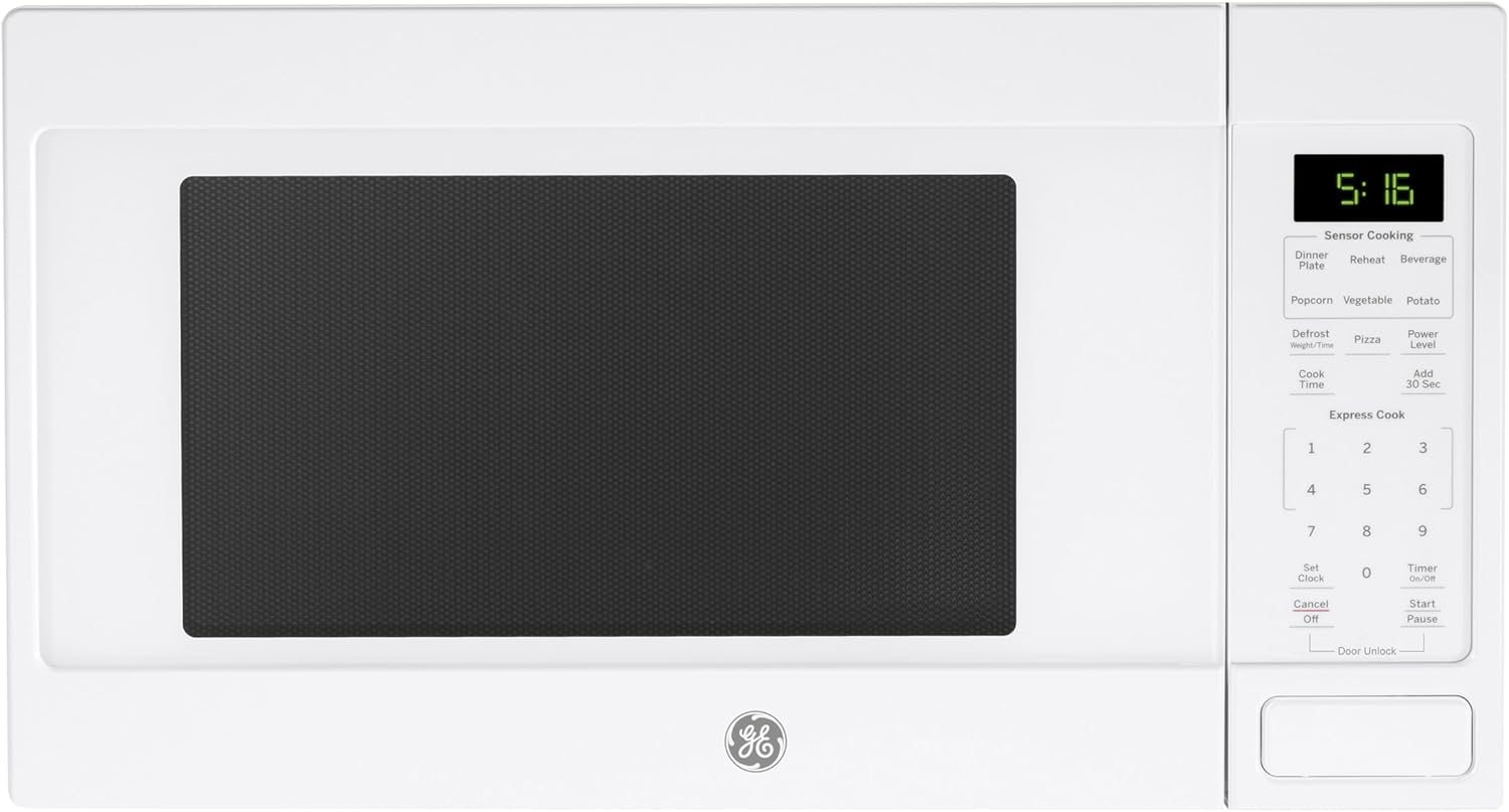 GE 1.6 Cu Ft Microwave Oven, 1,150W Power, 8 Auto Cook Settings, Child-Lock, White