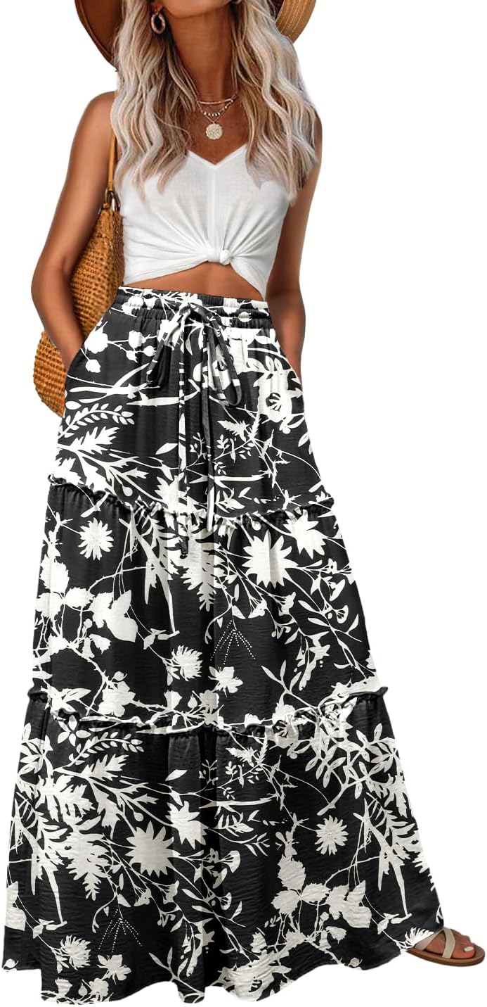 Lepunuo Womens Casual Boho High Waisted Flowy Maxi Skirts