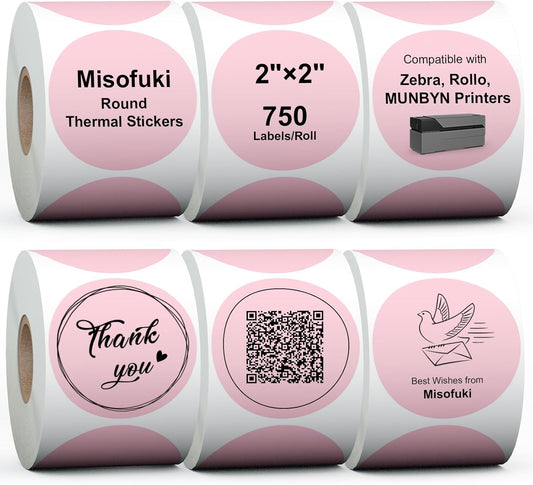 Colorful Pink Circle Thermal Labels - 4500 Labels - Zebra/Rollo/MUNBYN Compatible