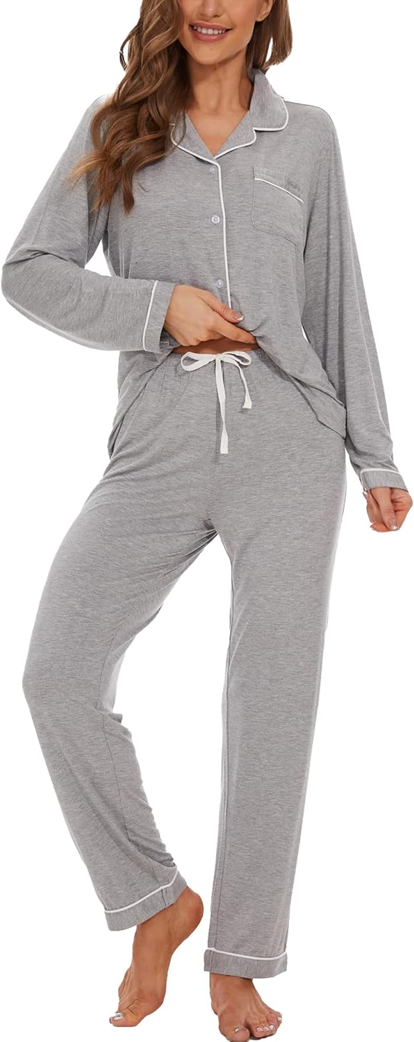 Button Up Pajamas for Women Long Sleeve Soft Loungewear Set
