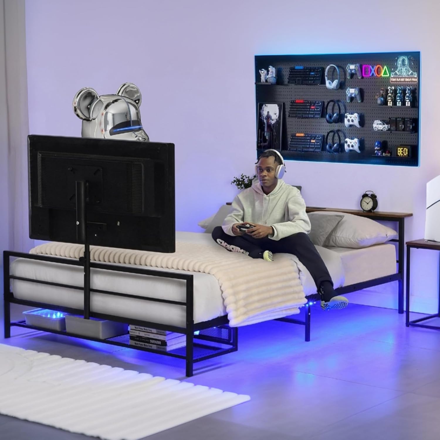 Black Gaming Bed Frame with TV Mount & LED Lights