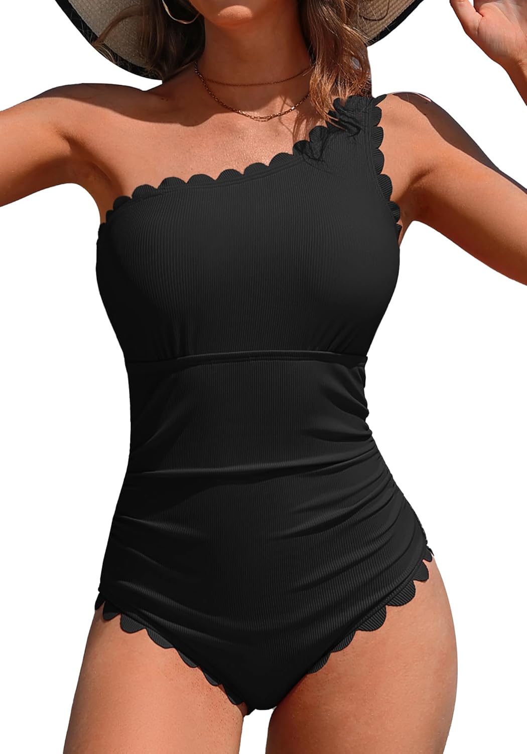 Charmo One Shoulder Ribbed Scalloped Swimsuit for Women