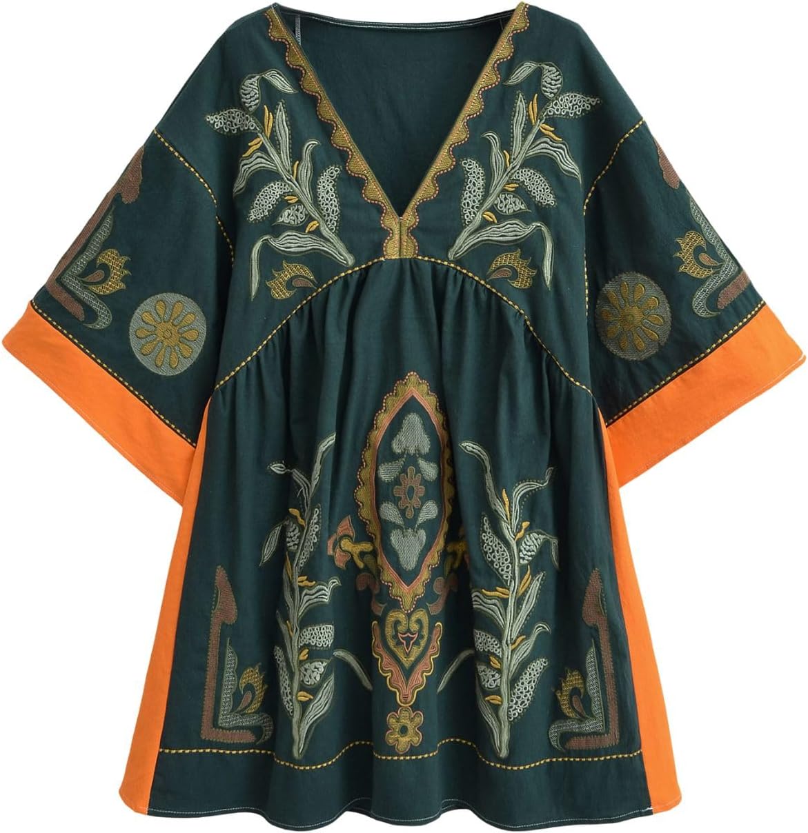 Womens Oversized Embroidered Dress with V-Neck and 3/4 Sleeves