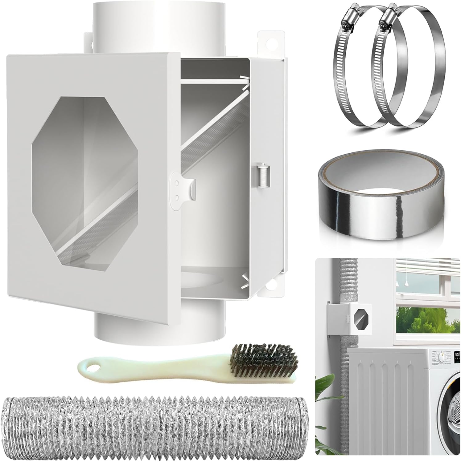 Indoor Dryer Vent Kit with Metal Lint Catcher and Hose Duct