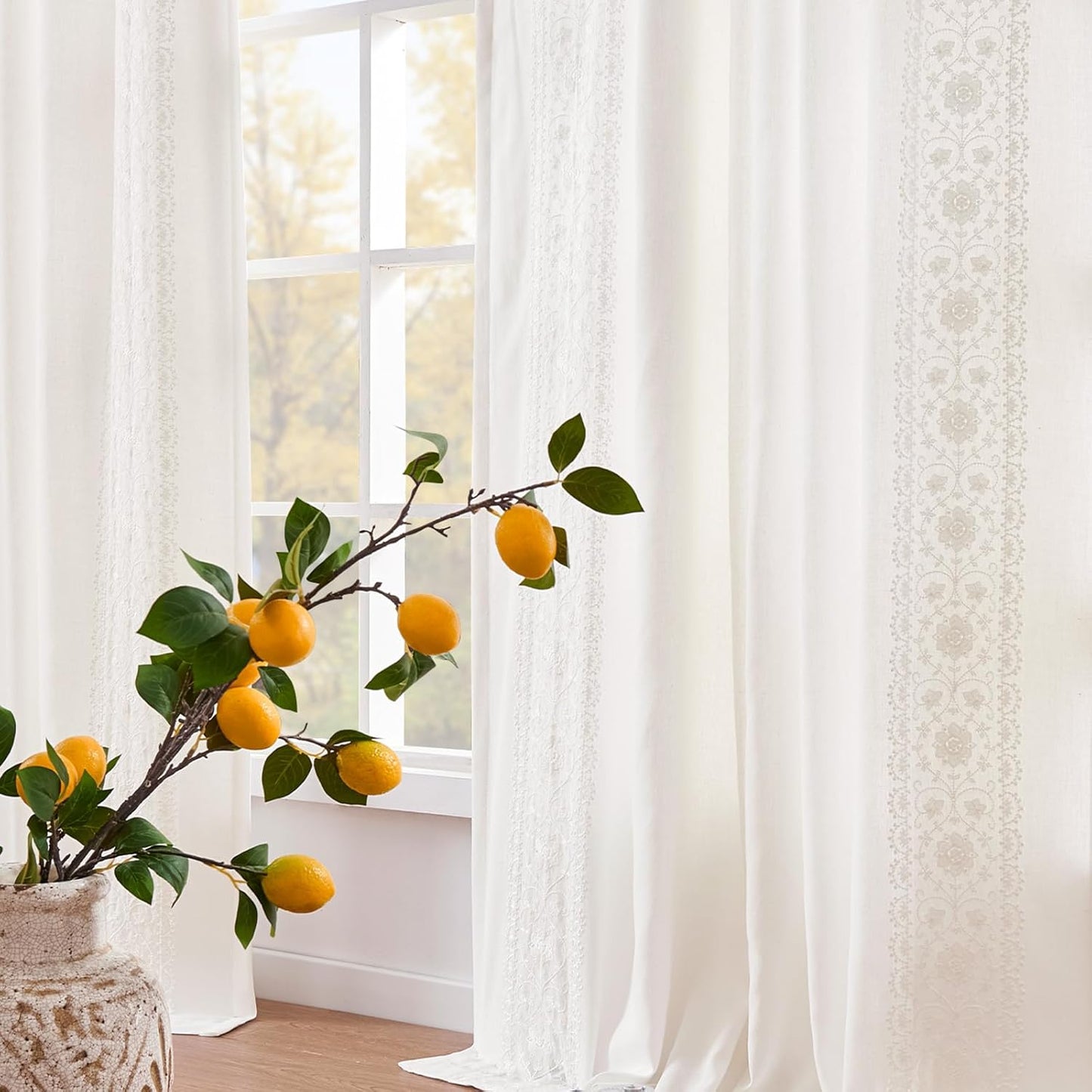 Weslie White Linen Curtains for Living Room with Floral Design