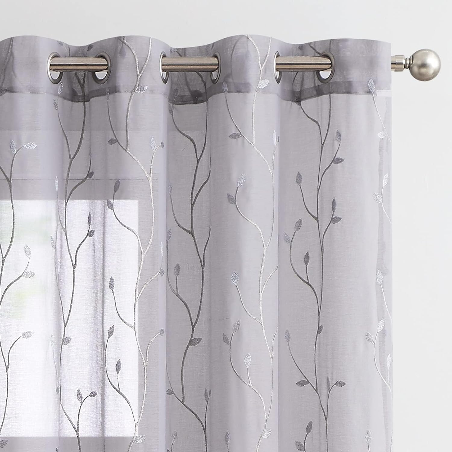 Grey Sheer Curtains for Bedroom with Leaf Embroidery Design