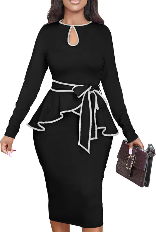 Elegant Women's Bodycon Vintage Peplum Dress for Work Office